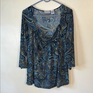 Jaclyn Smith Teal and Gold Paisley Blouse